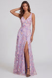 Lilac Flower Appliqued V Neck A Line Midi Dress with Slit