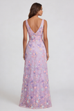 Lilac Flower Appliqued V Neck A Line Midi Dress with Slit
