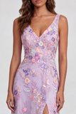 Lilac Flower Appliqued V Neck A Line Midi Dress with Slit