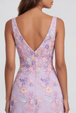 Lilac Flower Appliqued V Neck A Line Midi Dress with Slit