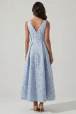 Blue V Neck Jacquard Ruched A Line Midi Dress