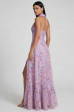 Lilac Flower Appliqued V Neck A Line Sleeveless Midi Dress with Slit