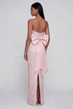 Appliqued Bowknot Pink Strapless Sheath Midi Dress with Back Slit