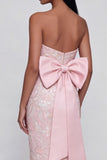 Appliqued Bowknot Pink Strapless Sheath Midi Dress with Back Slit