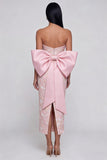 Sparkly Pink Strapless Appliqued Sheath Midi Dress with Bowknot
