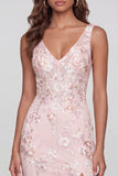 Sparkly Pink Appliqued V Neck Sheath Midi Dress with Slit