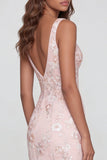 Sparkly Pink Appliqued V Neck Sheath Midi Dress with Slit