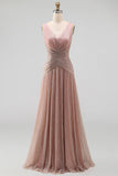 V Neck A Line Dusty Rose Pleated Long Formal Dress