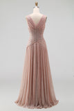 V Neck A Line Dusty Rose Pleated Long Formal Dress