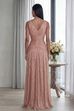 V Neck A Line Dusty Rose Pleated Long Formal Dress