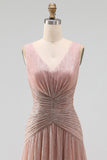 V Neck A Line Dusty Rose Pleated Long Formal Dress