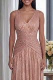 V Neck A Line Dusty Rose Pleated Long Formal Dress