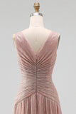 V Neck A Line Dusty Rose Pleated Long Formal Dress