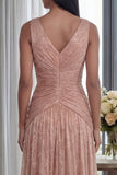V Neck A Line Dusty Rose Pleated Long Formal Dress