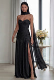 Strapless A Line Dusty Sage Pleated Neck Scarf Long Formal Dress with Slit