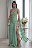 Strapless A Line Dusty Sage Pleated Neck Scarf Long Formal Dress with Slit