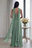 Strapless A Line Dusty Sage Pleated Neck Scarf Long Formal Dress with Slit