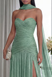 Strapless A Line Dusty Sage Pleated Neck Scarf Long Formal Dress with Slit