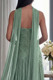 Strapless A Line Dusty Sage Pleated Neck Scarf Long Formal Dress with Slit