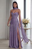 Strapless A Line Dusty Sage Pleated Neck Scarf Long Formal Dress with Slit