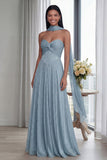Sweetheart A Line Glitter Sky Blue Pleated Long Formal Dress with Ribbon