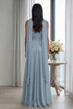 Sweetheart A Line Glitter Sky Blue Pleated Long Formal Dress with Ribbon