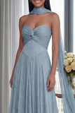 Sweetheart A Line Glitter Sky Blue Pleated Long Formal Dress with Ribbon