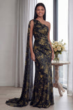 One Shoulder Sheath Navy Ruched Long Formal Dress with Streamer