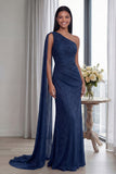 One Shoulder Sheath Navy Ruched Long Formal Dress with Streamer