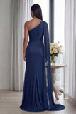 One Shoulder Sheath Navy Ruched Long Formal Dress with Streamer
