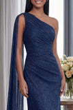 One Shoulder Sheath Navy Ruched Long Formal Dress with Streamer