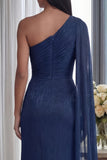 One Shoulder Sheath Navy Ruched Long Formal Dress with Streamer