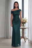 Off the Shoulder Sheath Dark Green Ruched Long Formal Dress