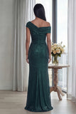 Off the Shoulder Sheath Dark Green Ruched Long Formal Dress