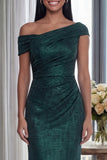 Off the Shoulder Sheath Dark Green Ruched Long Formal Dress