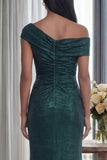 Off the Shoulder Sheath Dark Green Ruched Long Formal Dress