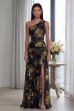 Glitter Pleated A Line Golden Long One Shoulder Formal Dress with Slit