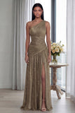 Glitter Pleated A Line Golden Long One Shoulder Formal Dress with Slit