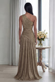 Glitter Pleated A Line Golden Long One Shoulder Formal Dress with Slit