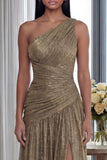 Glitter Pleated A Line Golden Long One Shoulder Formal Dress with Slit