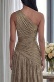 Glitter Pleated A Line Golden Long One Shoulder Formal Dress with Slit