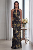 Glitter Sky Blue Keyhole Halter Sheath Long Formal Dress