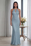 Glitter Sky Blue Keyhole Halter Sheath Long Formal Dress