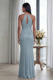 Glitter Sky Blue Keyhole Halter Sheath Long Formal Dress