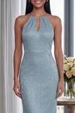 Glitter Sky Blue Keyhole Halter Sheath Long Formal Dress