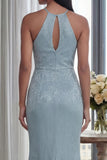 Glitter Sky Blue Keyhole Halter Sheath Long Formal Dress