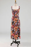 Black Sheath Square Neck Floral Long Wedding Guest Dress with Slit