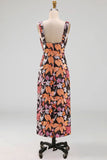Black Sheath Square Neck Floral Long Wedding Guest Dress with Slit