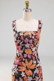 Black Sheath Square Neck Floral Long Wedding Guest Dress with Slit