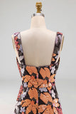 Black Sheath Square Neck Floral Long Wedding Guest Dress with Slit